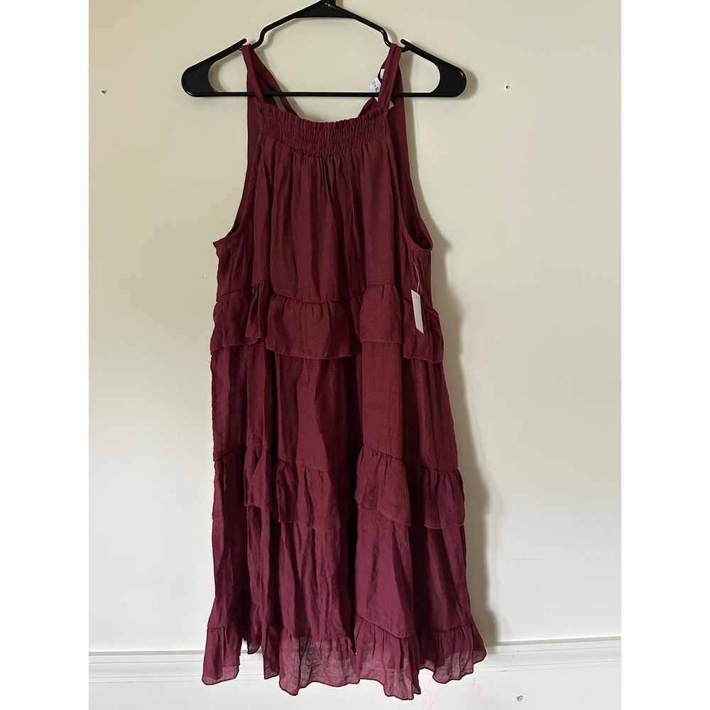 Grace + Karma Burgundy Tiered Ruffle Mini Dress Sleeveless Tie Back‎ size M NWT - Picture 2 of 5